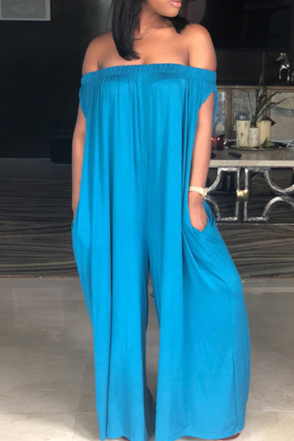 Blue Fashion Casual Solid Backless Off the Shoulder Loose Jumpsuits