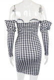 Black White Fashion Sexy Print Backless Off the Shoulder Long Sleeve Dresses