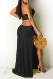 Yellow Sexy Solid Hollowed Out Backless Slit Halter Strapless Dress