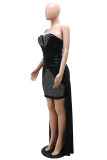 Black Fashion Sexy Patchwork Hot Drilling Backless Strapless Irregular Dress