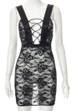 Black Sexy Solid Lace V Neck Pencil Skirt Dresses