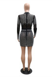 Black Fashion Sexy Patchwork Hot Drilling See-through Slit Turtleneck Long Sleeve Dresses