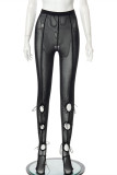 Black Fashion Sexy Solid Hollowed Out Patchwork Skinny High Waist Pencil Trousers