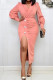 Pink Fashion Casual Solid Fold V Neck Long Sleeve Plus Size Dresses