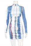Stripe Fashion Sexy Print Basic Half A Turtleneck Long Sleeve Dresses