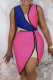 Rose Pink Fashion Sexy Patchwork Asymmetrical V Neck Sleeveless Dress