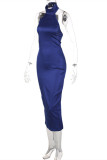 Blue Fashion Sexy Solid Backless Turtleneck Sleeveless Dress Dresses