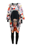 Black Fashion Casual Print Basic V Neck Long Sleeve Two Pieces
