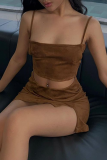 Brownness Sexy Solid Patchwork Spaghetti Strap Sleeveless Two Pieces