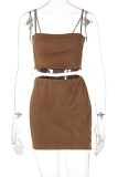 Brownness Sexy Solid Patchwork Spaghetti Strap Sleeveless Two Pieces