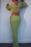 Green Sexy Solid Patchwork Square Collar Long Sleeve Two Pieces