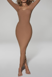 Brown Fashion Solid Patchwork Square Collar Pencil Skirt Dresses
