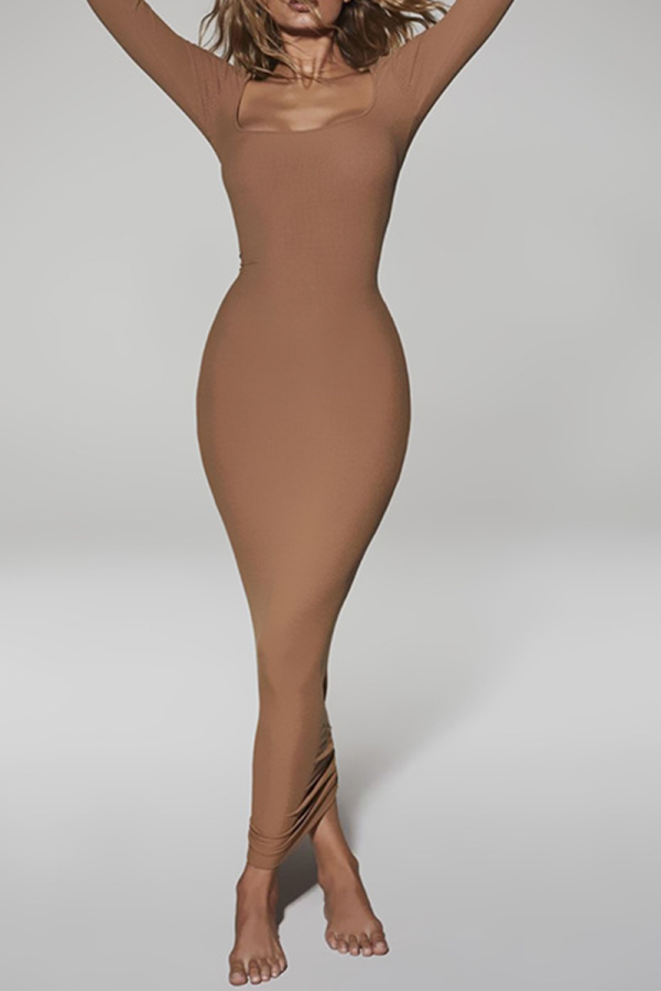 Brown Fashion Solid Patchwork Square Collar Pencil Skirt Dresses