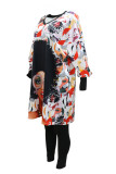 Black Fashion Casual Print Basic V Neck Long Sleeve Two Pieces