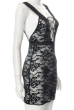 Black Sexy Solid Lace V Neck Pencil Skirt Dresses