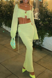 Green Sexy Solid Patchwork Square Collar Long Sleeve Two Pieces