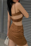 Brownness Sexy Solid Patchwork Spaghetti Strap Sleeveless Two Pieces