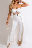 White Fashion Sexy Patchwork Solid See-through Backless Spaghetti Strap Skinny Jumpsuits