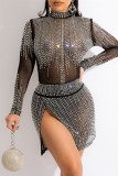 Black Fashion Sexy Patchwork Hot Drilling See-through Slit Turtleneck Long Sleeve Dresses