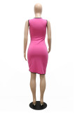 Rose Pink Fashion Sexy Patchwork Asymmetrical V Neck Sleeveless Dress