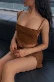 Brownness Sexy Solid Patchwork Spaghetti Strap Sleeveless Two Pieces