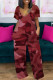 Red Fashion Casual Print Basic V Neck Short Sleeve Regular Jumpsuits