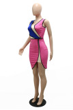 Rose Pink Fashion Sexy Patchwork Asymmetrical V Neck Sleeveless Dress