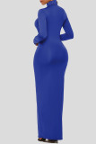 Royal Blue Fashion Casual Solid Basic Turtleneck Long Sleeve Dresses