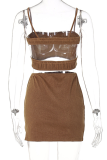 Brownness Sexy Solid Patchwork Spaghetti Strap Sleeveless Two Pieces