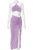 Purple Sexy Solid Patchwork Halter Sleeveless Two Pieces