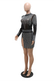 Black Fashion Sexy Patchwork Hot Drilling See-through Slit Turtleneck Long Sleeve Dresses