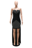 Black Fashion Sexy Patchwork Hot Drilling Backless Strapless Irregular Dress