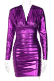 Purple Fashion Sexy Solid Fold V Neck Long Sleeve Dresses