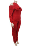 Red Fashion Casual Solid Hollowed Out O Neck Plus Size Two Pieces