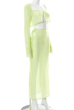 Green Sexy Solid Patchwork Square Collar Long Sleeve Two Pieces