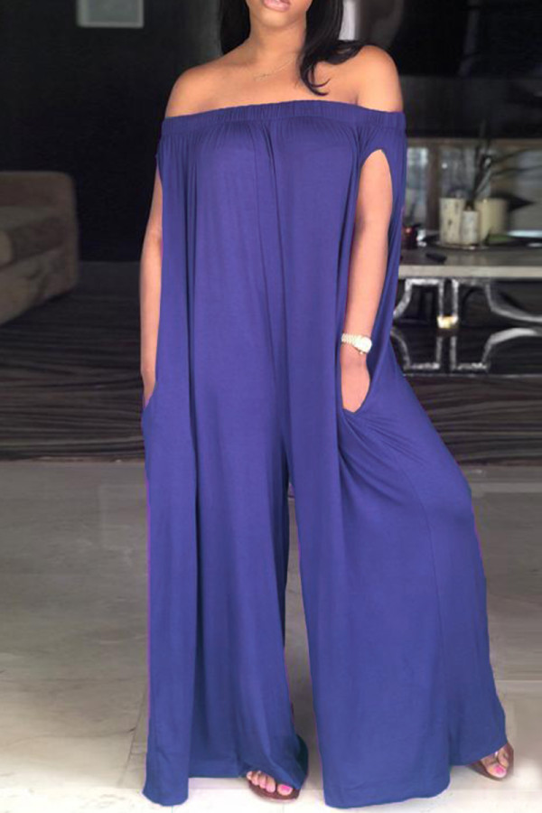 Purple Fashion Casual Solid Backless Off the Shoulder Loose Jumpsuits