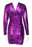Purple Fashion Sexy Solid Fold V Neck Long Sleeve Dresses