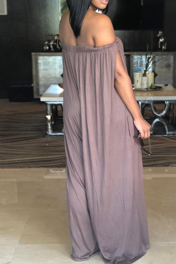 Light Coffee Fashion Casual Solid Backless Off the Shoulder Loose Jumpsuits