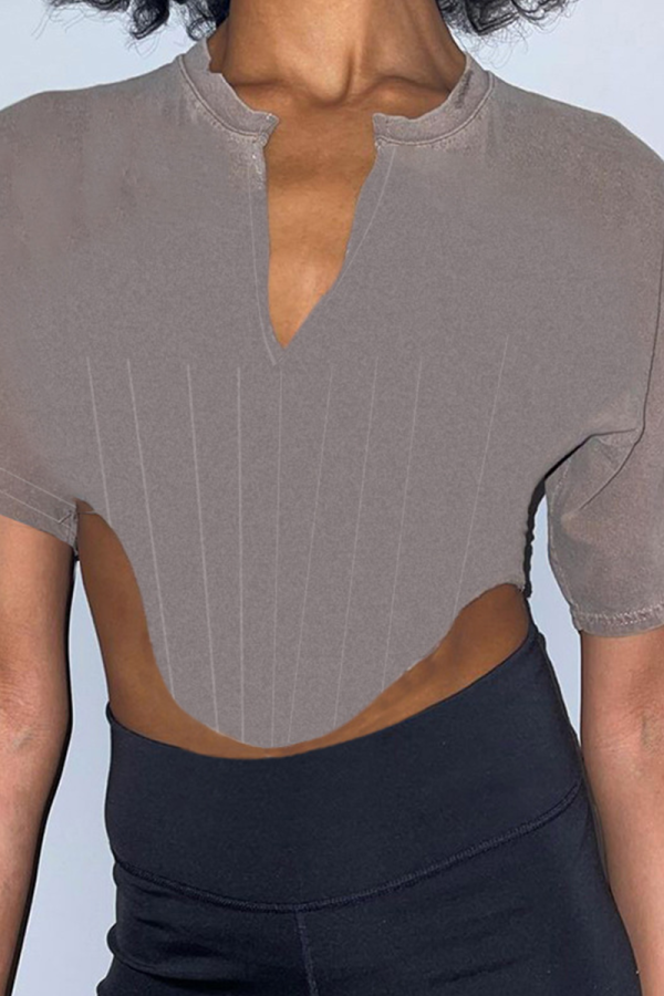 Grey Fashion Solid Patchwork O Neck T-Shirts