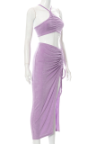 Purple Sexy Solid Patchwork Halter Sleeveless Two Pieces