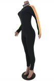 Black Fashion Casual Solid Patchwork Zipper Collar Skinny Jumpsuits