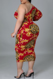 Red Fashion Sexy Print Hollowed Out Backless Oblique Collar Long Sleeve Plus Size Dresses