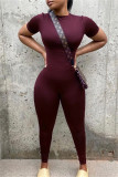 Red-brown Fashion Casual Solid Basic O Neck Short Sleeve Two Pieces