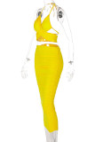 Yellow Sexy Solid Split Joint Backless Fold Halter Sleeveless Two Pieces