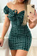 Ink Green Fashion Casual Plaid Print Frenulum V Neck Short Sleeve Dress