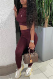 Red-brown Fashion Casual Solid Basic O Neck Short Sleeve Two Pieces