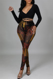 Camel Fashion Sexy Print See-through V Neck Long Sleeve Two Pieces