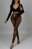 Camel Fashion Sexy Print See-through V Neck Long Sleeve Two Pieces