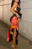 Orange Sexy Patchwork Tie-dye O Neck Pencil Skirt Dresses