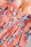 Blue Pink Bohemian Print Patchwork Fold V Neck Straight Dresses